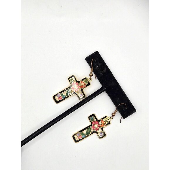 Vintage Black Floral Cloisonné Hook Cross Earrings 2 inches - Picture 3 of 6